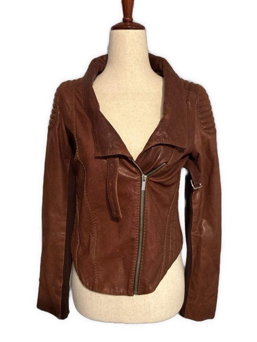 BCBGMAXAZRIA Brown Genuine Leather Quilted Cropped Moto Biker Jacket Xs